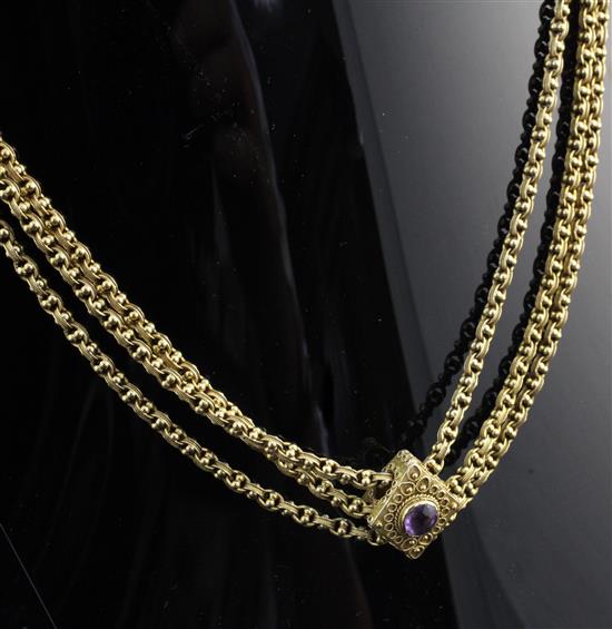 A Victorian 15ct gold triple strand fancy link necklace, gross 37 grams.